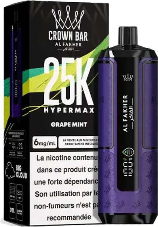 Puff rechargeable Al Fakher Crown Bar 25K Hyper Max, Grape Mint