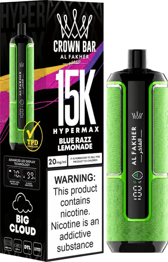 Puff rechargeable Al Fakher Crown Bar 15K Hyper Max, Blue Razz Lemonade