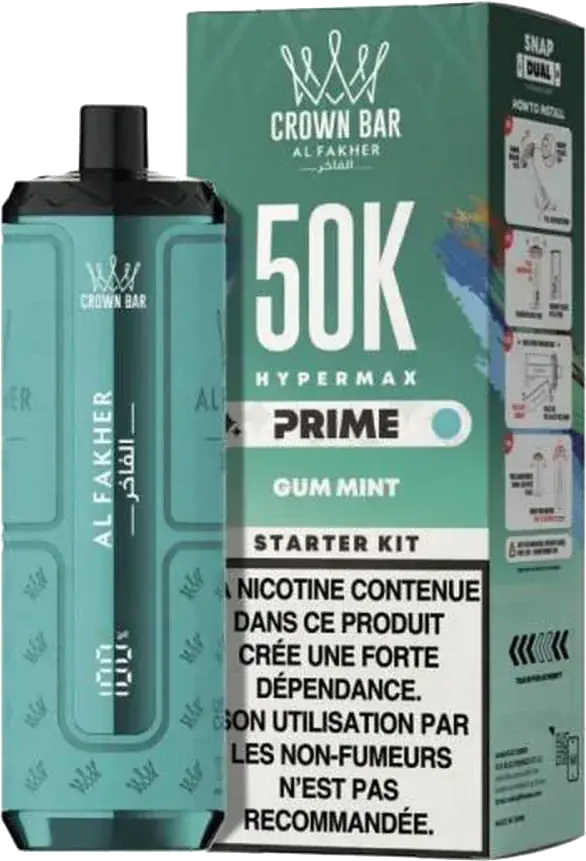 Puff rechargeable Al Fakher Crown Bar Hypermax Prime 50K, Gum Mint